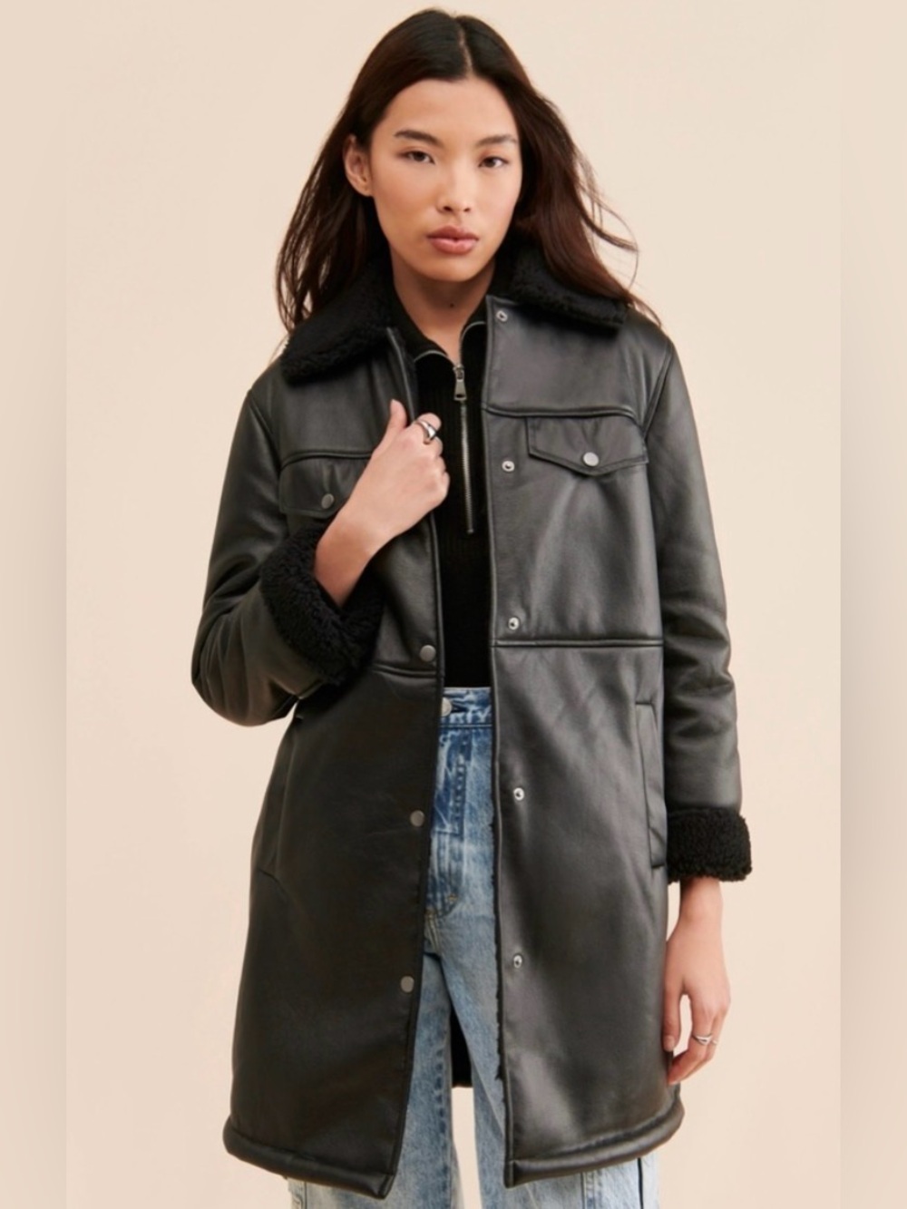 Avec Les Filles Black Faux Leather Sherpa Long Coat Size Small Oversized